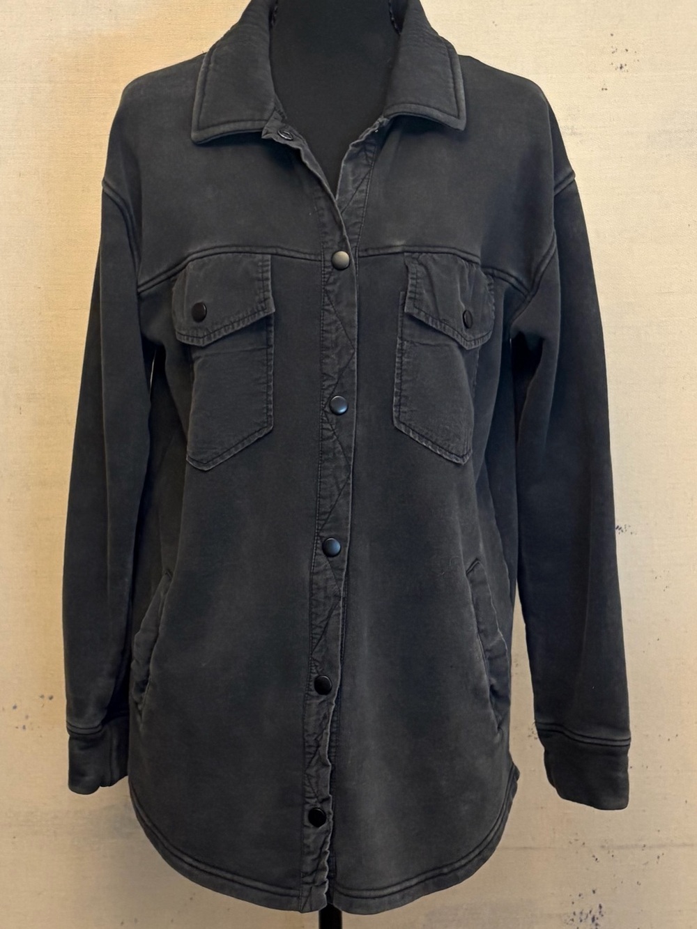 Women’s Oversized Washed Black Utility Shacket w/ Snap Button Front, Size Small